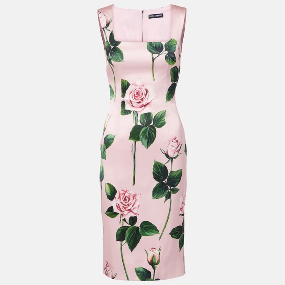 Dolce&Gabbana Rose Floral Satin Cocktail Midi Dress - Picture 2 of 5